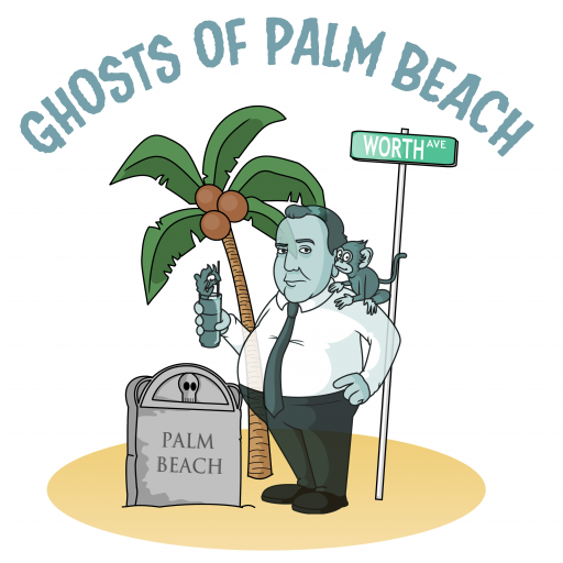 Cartoon ghost man with drink, palm tree, tombstone, and street sign under 'Ghosts of Palm Beach'.